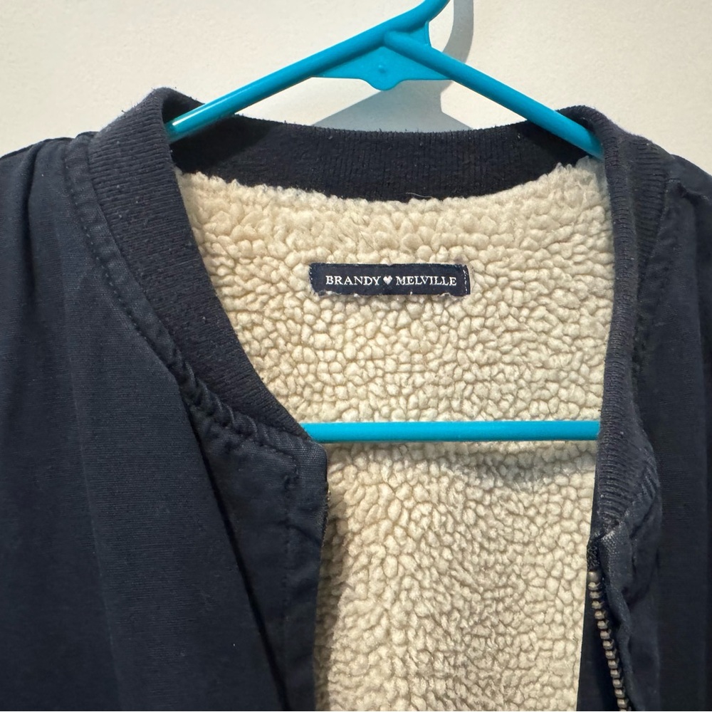 Brandy Melville Navy Bomber Jacket with Cream Sherpa Lining - Picture 2 of 5